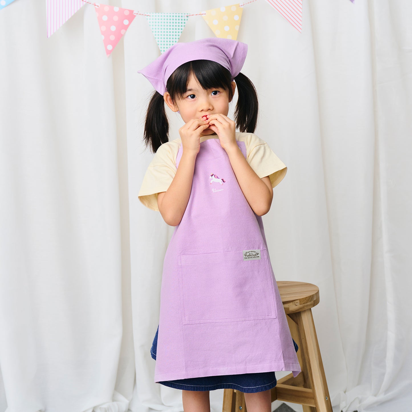 アビチュアル バンダナ・巾着付きキッズエプロンセット Mサイズ（100～130cm） ディアー ネイビー